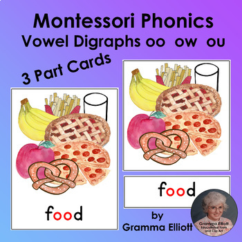 Montessori Phonics Vowel Digraphs oo ou ow 3 Part Cards Vowel digraphs 3 part cards Montessori phonics for homeschool grades k 1 2  and  special ed classes