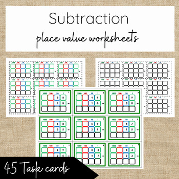 Preview of Montessori Subtraction- Task and control cards, place value worksheets