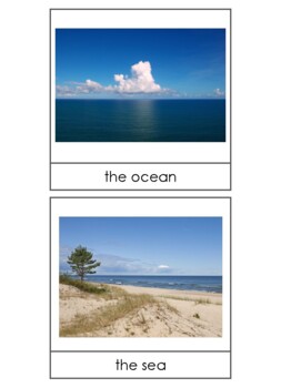 Preview of Montessori Three Part Cards - Bodies of Water plus Worksheets