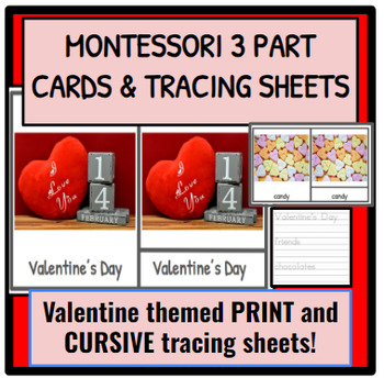 Preview of Montessori Valentine's Day 3 Part Cards and Tracing Sheets