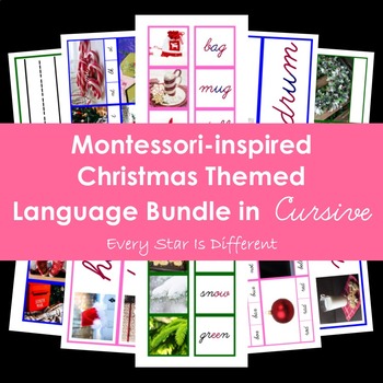 Preview of Montessori-inspired Christmas Themed Language Bundle in Cursive