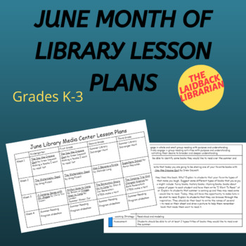 Preview of Month June Summer Library Media Specialist 4 weeks of Lesson Plans K-3 