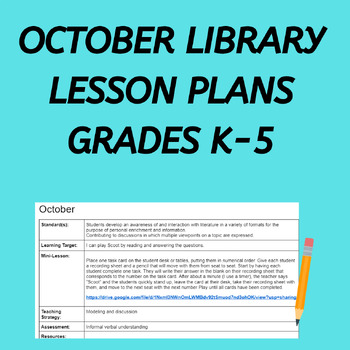 Preview of Month October Library Media Specialist 4 weeks of Lesson Plans K-5