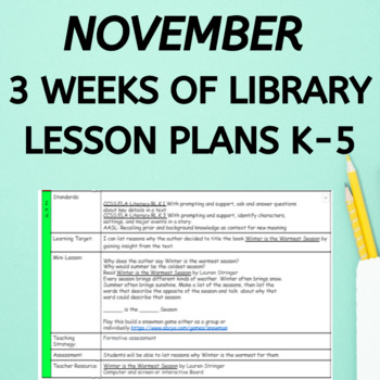 Preview of Month of November Library Lesson Plans K-5