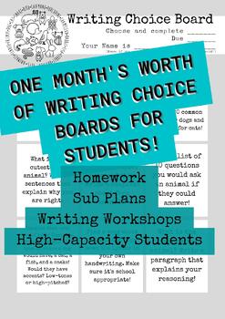 Preview of Month's worth of writing prompts and choice boards! Perfect for subs or homework