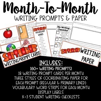Month to Month Writing Prompt Task Cards and Paper K-3 by Cute in Second