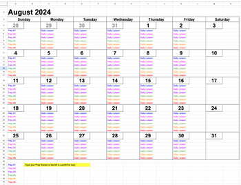 Preview of Monthly Academic Calendar up to 6 Preps Google Sheet