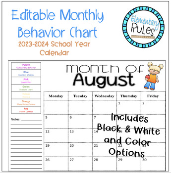 Preview of Editable Monthly Behavior Chart Calendar 2023-2024 & 2024-2025 School Years