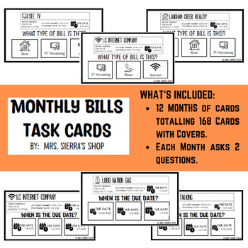 Preview of Monthly Bill Task Cards for Special Education