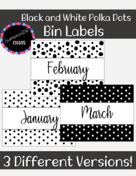 Preview of Monthly Bin Labels-Black and White Polka Dots (Classroom Decor)