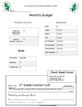 Preview of Monthly Budget Lesson - First Paycheck! Balancing Activity