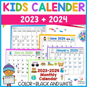 2024 Calendar, Kids Calendar Printable, Calendar 2024, Monthly