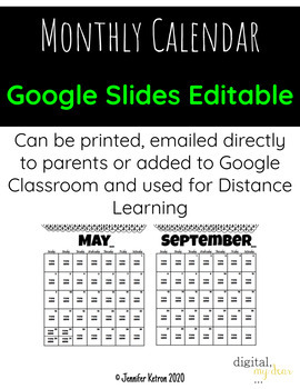 Monthly Calendar Google Slides Editable by Jennifer Ketron digital