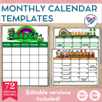 Preview of Monthly Calendar Templates EDITABLE