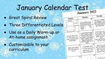 Preview of Monthly Calendar Test Spiral Math Review- January 2022