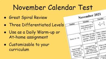 Preview of Monthly Calendar Test Spiral Math Review- November 2021