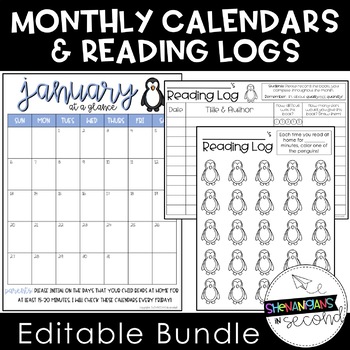 Preview of Editable Monthly Calendars and Reading Logs 2020-2024 Bundle