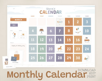 Preview of Monthly Calendar for Kids / Perpetual Monthly Calendar Printable