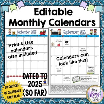 Monthly Calendars EDITABLE with LIFETIME* Updates dated to 2025 | TpT