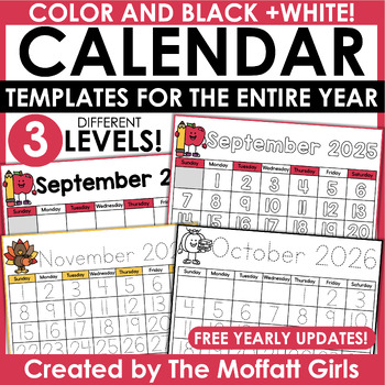 Preview of Monthly 2024-2026 Calendar Math Activity Traceable Worksheets