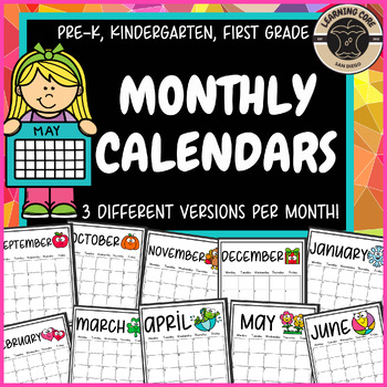 Preview of Monthly Calendars for PreK, TK, UTK, Kindergarten, First Grade Back to School