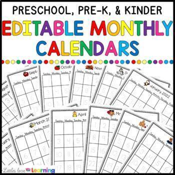 Monthly Calendars for Preschool, Pre-K, & Kindergarten | Editable