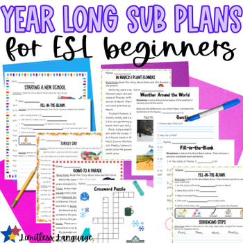 Preview of Monthly ESL Sub plans for the whole year, ESL Beginner level