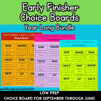 Preview of Monthly Early Finisher Choice Board | Year Long Bundle | Low Prep