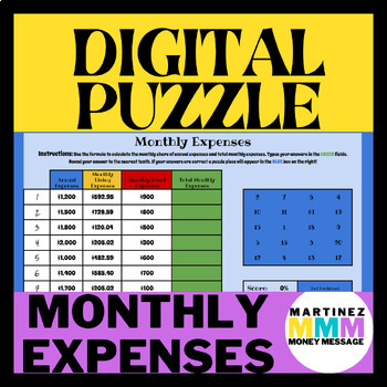 Preview of Monthly Expenses Digital Math Self Grading Puzzle Plus Printable