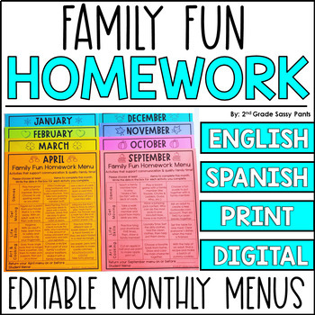 Preview of Family Fun Homework Menus | Editable | DIGITAL | Spanish