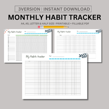 Preview of Monthly Habit Tracker Printable Landscape, Habit Tracker Template, Routine Track