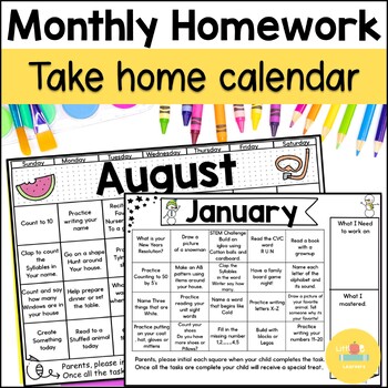 Preview of Interactive Monthly Homework Calendar for Pre-k to 1st Grade - Fun & Educational