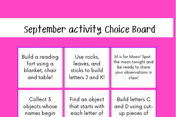 monthly homework choice board