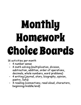 monthly homework choice board