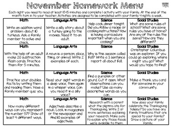 Preview of Monthly Homework Menus for First Grade