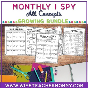 Preview of I Spy Math Worksheets |  ALL Math Concepts | Monthly GROWING BUNDLE