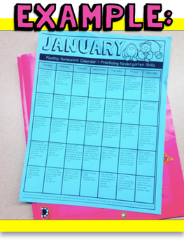 kindergarten homework calendars