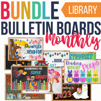 Preview of Monthly Library Bulletin Boards | YEARLY Bundle | English & Spanish