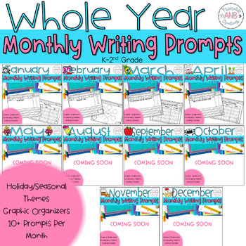 Monthly NO PREP Writing Prompts for Beginning Writers K-2nd Grade Bundle