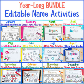 Preview of Monthly Name Practice Worksheets and Activities YEAR-LONG BUNDLE