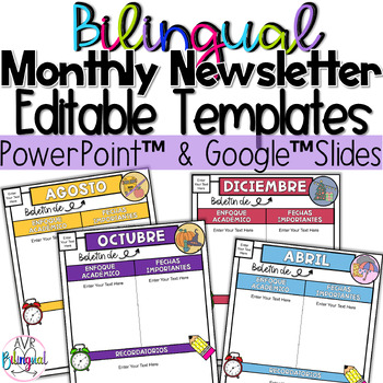 Preview of Monthly Newsletter Templates | EDITABLE | Bilingual | English/Spanish