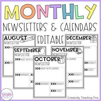 Preview of Monthly Newsletter and Calendar EDITABLE
