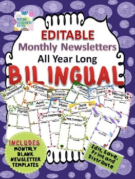 Preview of BILINGUAL Monthly Newsletters with Editable Text Boxes