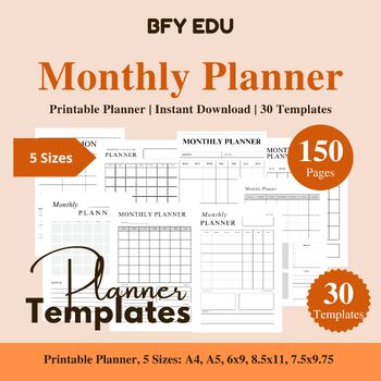 Preview of Monthly Planner Printable, Undated Planner, 5 Sizes, 30 Templates, 150 Pages