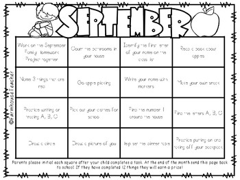 preschool homework calendar