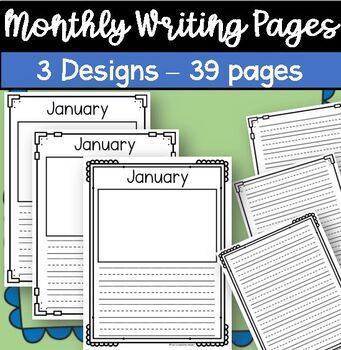 Preview of Monthly Primary Writing Pages picture boxes Lined dashed paper kinder 1st 2nd