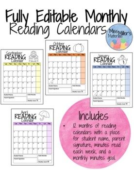Preview of Monthly Reading Calendar / Monthly Reading Log - EDITABLE