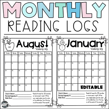 Preview of Monthly Reading Log Calendars EDITABLE