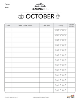 Monthly Reading Log - October By Classcrown 