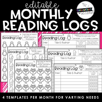 Preview of Monthly Reading Logs EDITABLE - Distance Learning